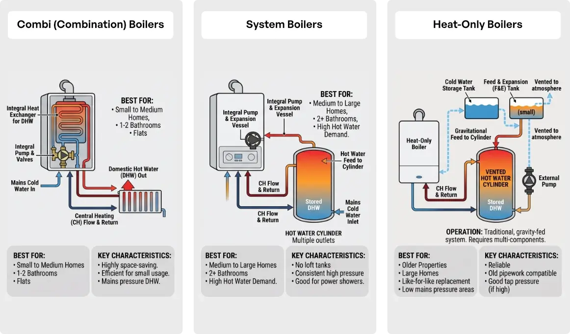 Combi vs system vs heat-only boiler comparison for West London homes