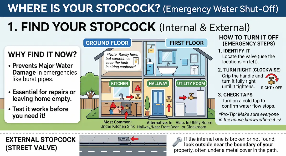 Where to find your internal stopcock to turn off the water in an emergency