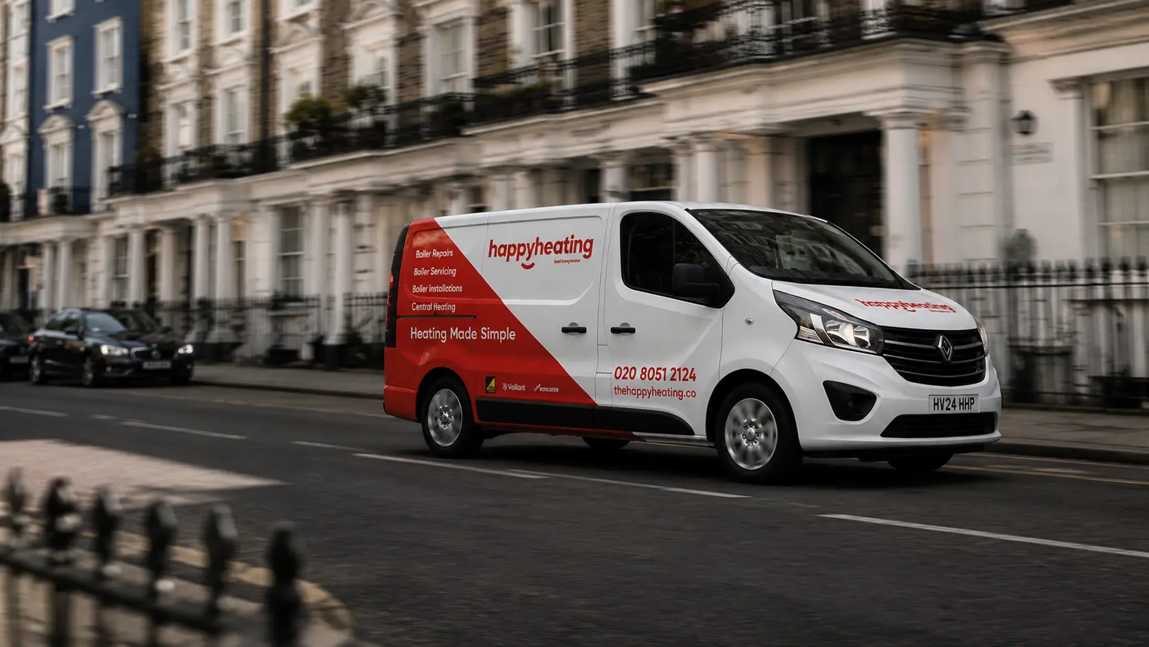 Illustration of a Happy Heating branded van on a West London residential street