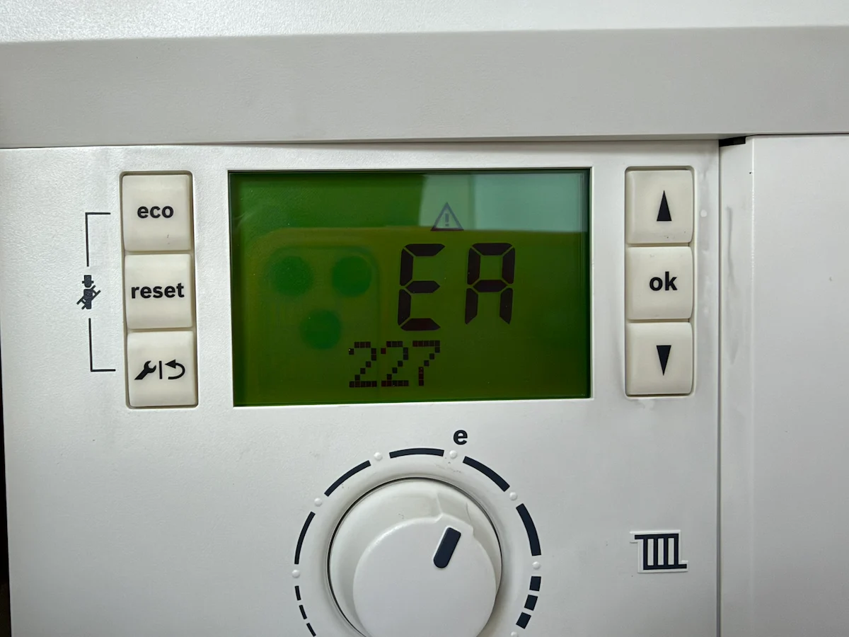 Worcester boiler displaying EA 227 fault code during a repair visit